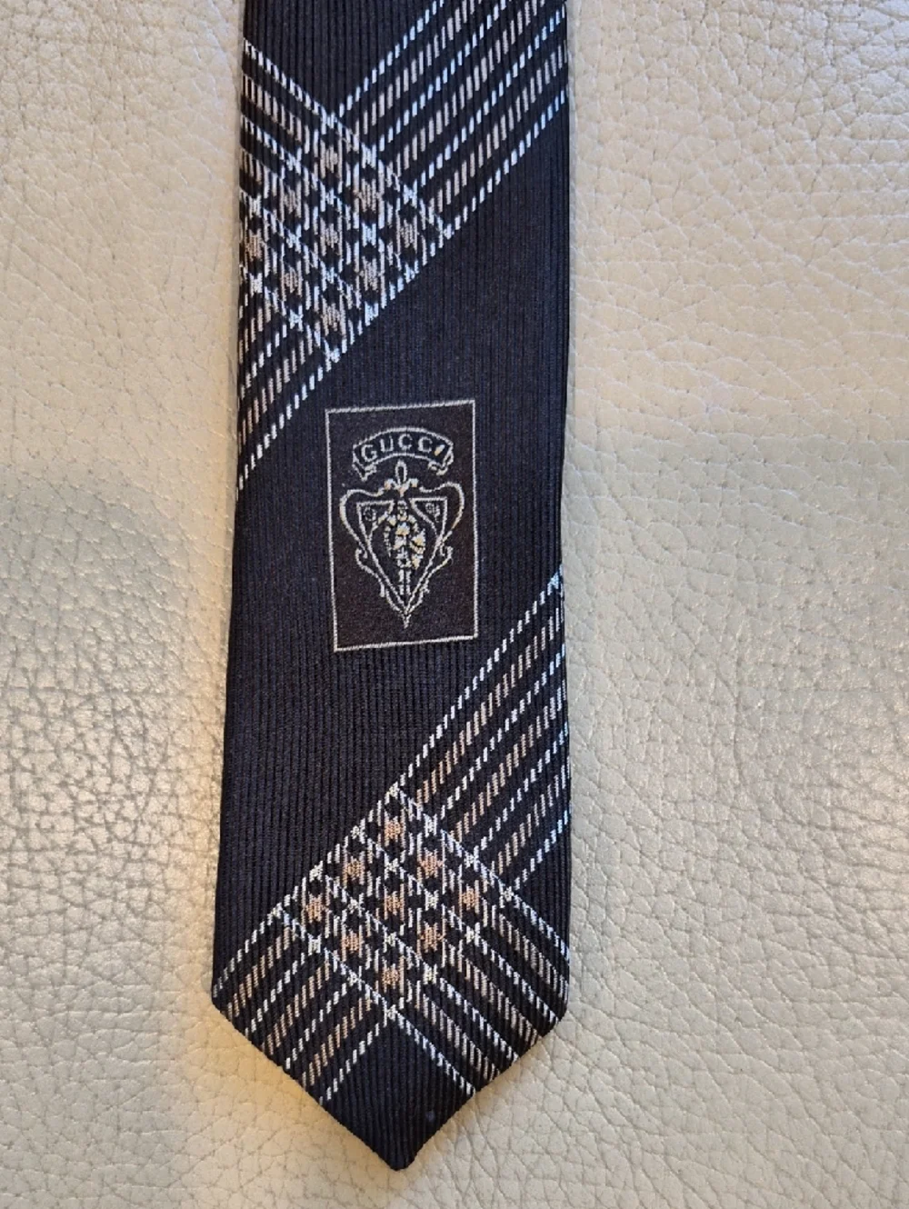 Authentic Gucci Brown Tie with White Windowpane Plaid